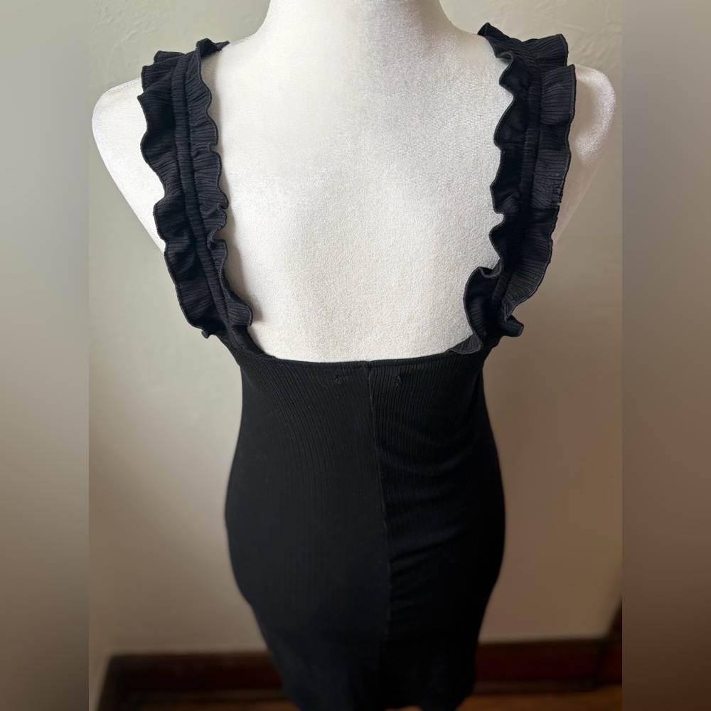 Wild Honey Black Ribbed Square Neck Ruffle Strap Mini Dress S - Picture 8 of 10